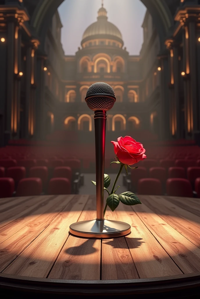 Create a logo with a tall microphone next to a rose on top of a large wooden stage, with a theater in the background. I want the image to look extremely realistic.