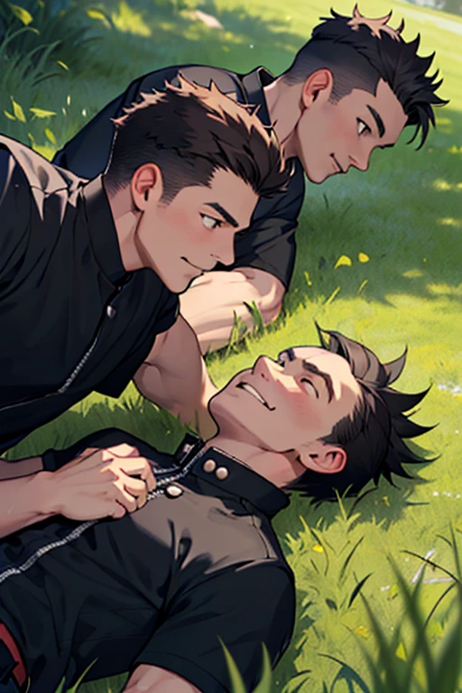 3 guys, by 2 person, Iris, Point pupils, Black Hair、Brown Hair, Black Hair、short hair, gakuran, Black jacket,Red Shirt、Black Belt, Black trousers, bad、Riverbank、On the grass、Two people smiling side by side、Lie down,　Upper Body　Seen from below。