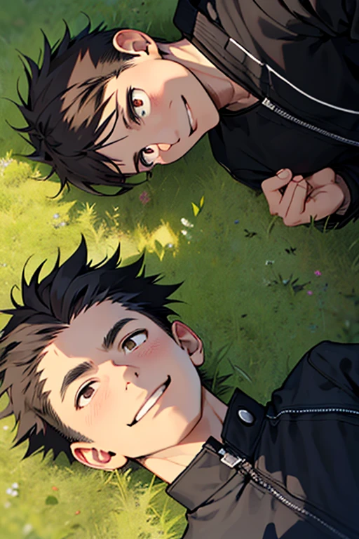 3 guys, by 2 person, Iris, Point pupils, Black Hair、Brown Hair, Black Hair、short hair, gakuran, Black jacket,Red Shirt、Black Belt, Black trousers, bad、Riverbank、On the grass、Two people smiling side by side、Lie down,　Upper Body　Seen from below。