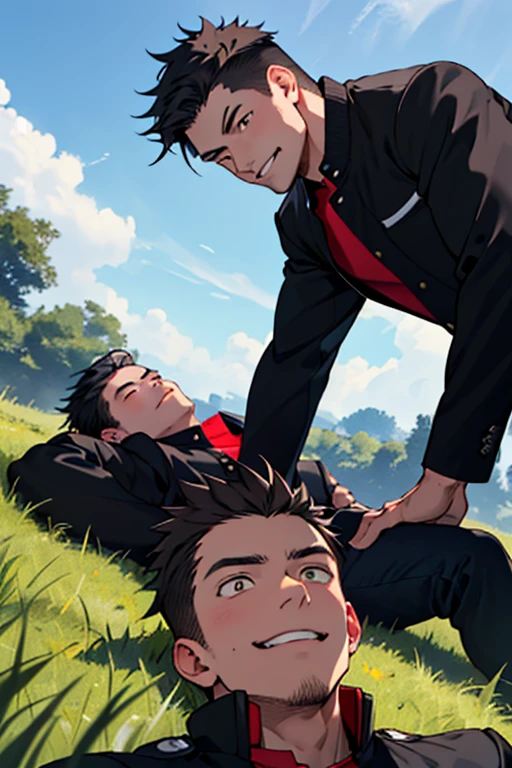 3 guys, by 2 person, Iris, Point pupils, Black Hair、Brown Hair, Black Hair、short hair, gakuran, Black jacket,Red Shirt、Black Belt, Black trousers, bad、Riverbank、On the grass、Two people smiling side by side、Lie down,　Upper Body　Seen from below。