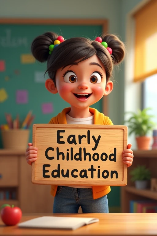 Teacher holding above and facing a wooden sign that says early  education in an animated way 