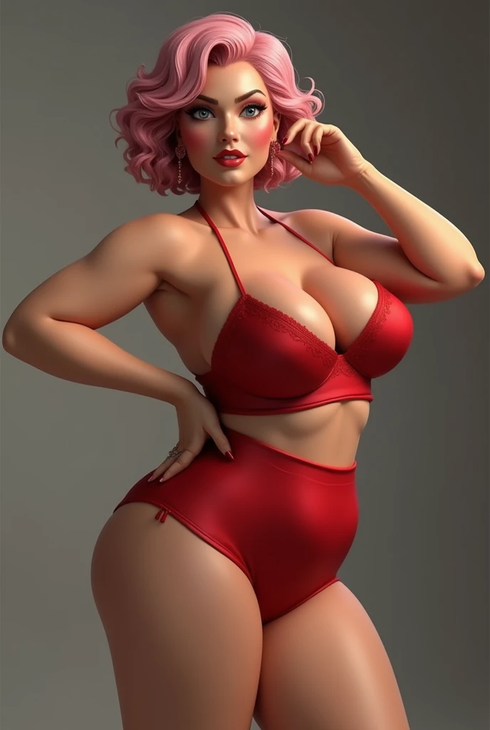 "Creates the image of a beautiful mature model in her 60s with an olive skin tone and short curly pink hair. Huge breasts, giant breasts. Her eyes are clear and have a seductive shine. She has huge tits, huge butt , naked breasts. She is wearing sensual red satin lingerie, with a classic style that accentuates her elegance and sensuality. The image should capture a sophisticated and confident posture, with an expression that mixes sensuality and sophistication. The woman is standing, with one hand. on her hip and the other playing with a lock of her hair, while she tilts her head slightly to the side. Her expression is mischievous, with a slight smile that suggests flirtation. Her body is slightly turned to show her figure in a subtle way.
