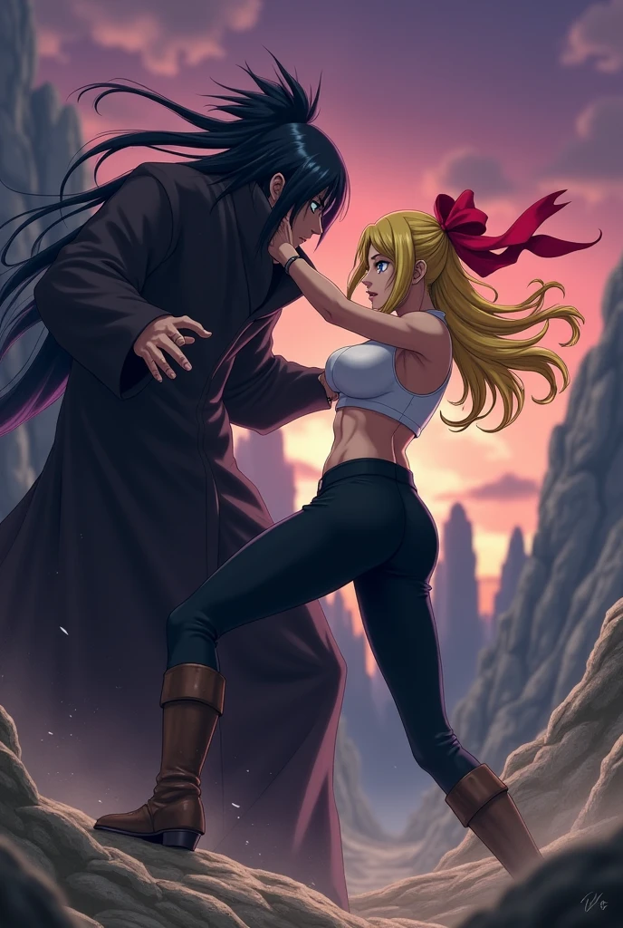 A woman with a defined physique,long yellow hair tied with a red ribbon,blue eyes,white cropped sleeveless t-shirt,a red ribbon on one of her arms near her shoulder,black pants stuck to his legs,Brown boots,fighting Madara Uchiha in a rocky area with a dark purple sky(anime style)