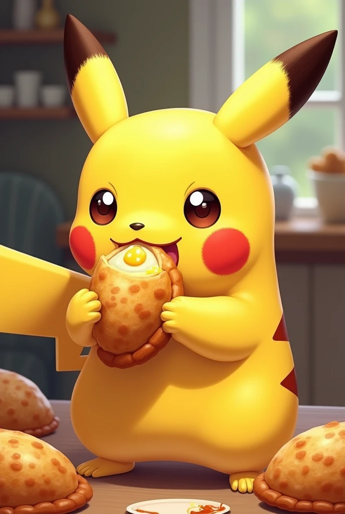 A Pikachu eating a cheese empanada