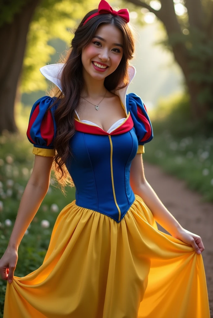 Brunette influencer, Cosplay as Snow White outfit, pulling up her dress dress revealing cute cotton panties, cute smile