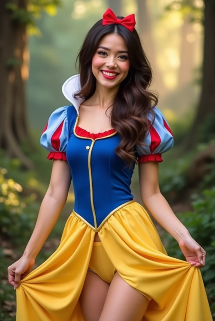 Brunette influencer, Cosplay as Snow White outfit, pulling up her dress dress revealing cute cotton panties, cute smile