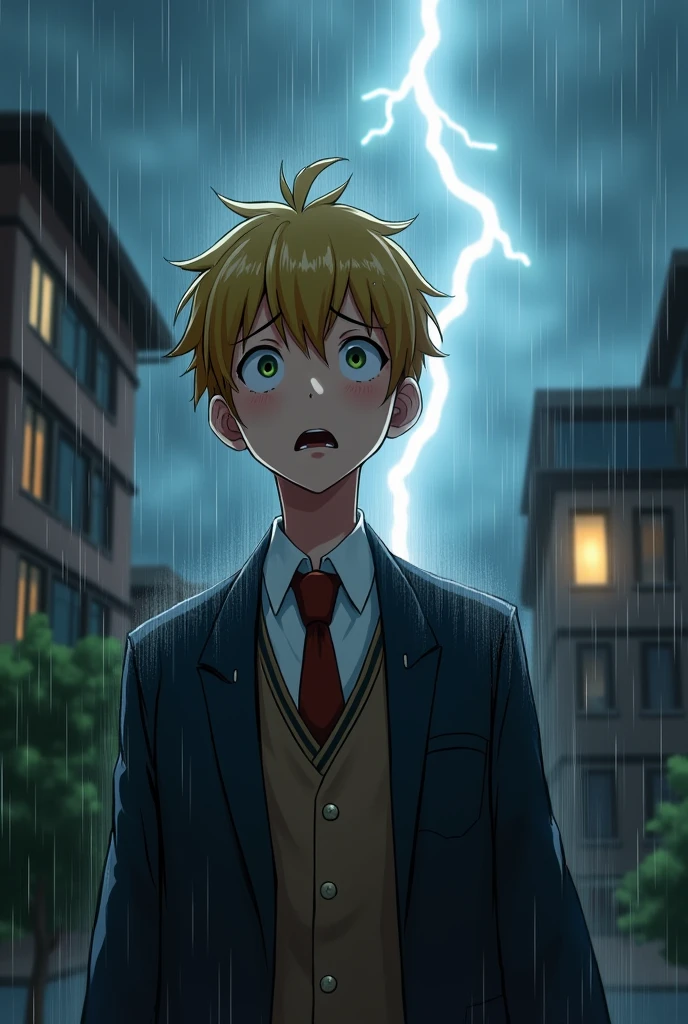 Make a tall, blond young man in a university uniform look shocked by a lightning strike while it's raining. 