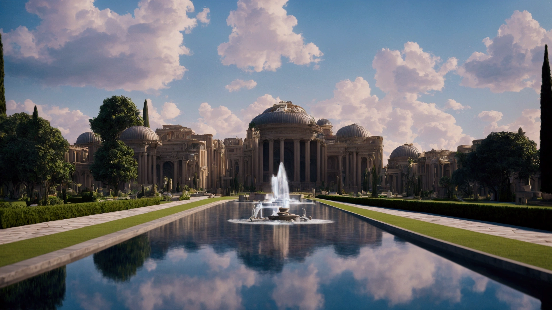 There is a large building with a fountain in front of it, futuristic palace, very detailed matte painting, A detailed matte painting, Photorealistic matte painting, A swimming pool inside the giant palace, art nouveau octane render, 3d rendered matte painting, Naboo, neoclassical architecture, classicism artistic style, dystopian setting, Hyper-detailed matte painting, Palace of the Chalice