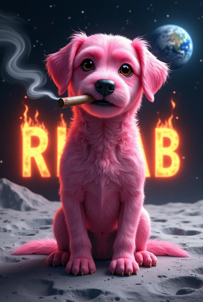 Pink dog flying on the moon smoking a cigar with a text in flames behind that says RILAB