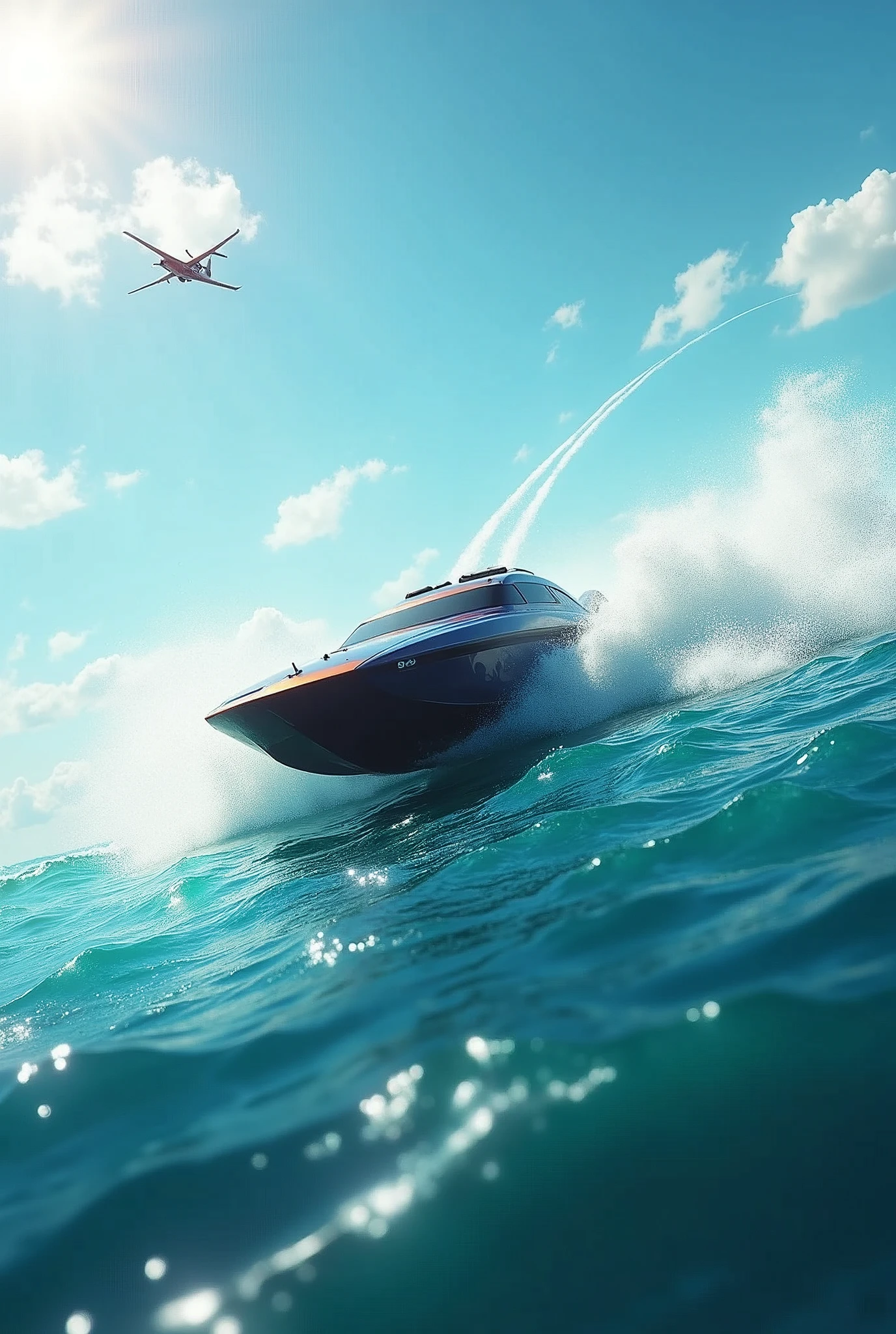 A hydroplane boat racing scene unfolds on the vast ocean, with the sun shining bright through a veil of white clouds. The camera captures the sleek hydroplane boat in mid-race, its propeller churning the turquoise water as it carves through the waves. A small aircraft soars overhead, leaving a contrail in its wake. The vehicle's speed and agility are on full display as it navigates the choppy waters, with foam-capped waves crashing against the hull. The ocean stretches out to the horizon, meeting the sky at a perfect line, with nary a human in sight.