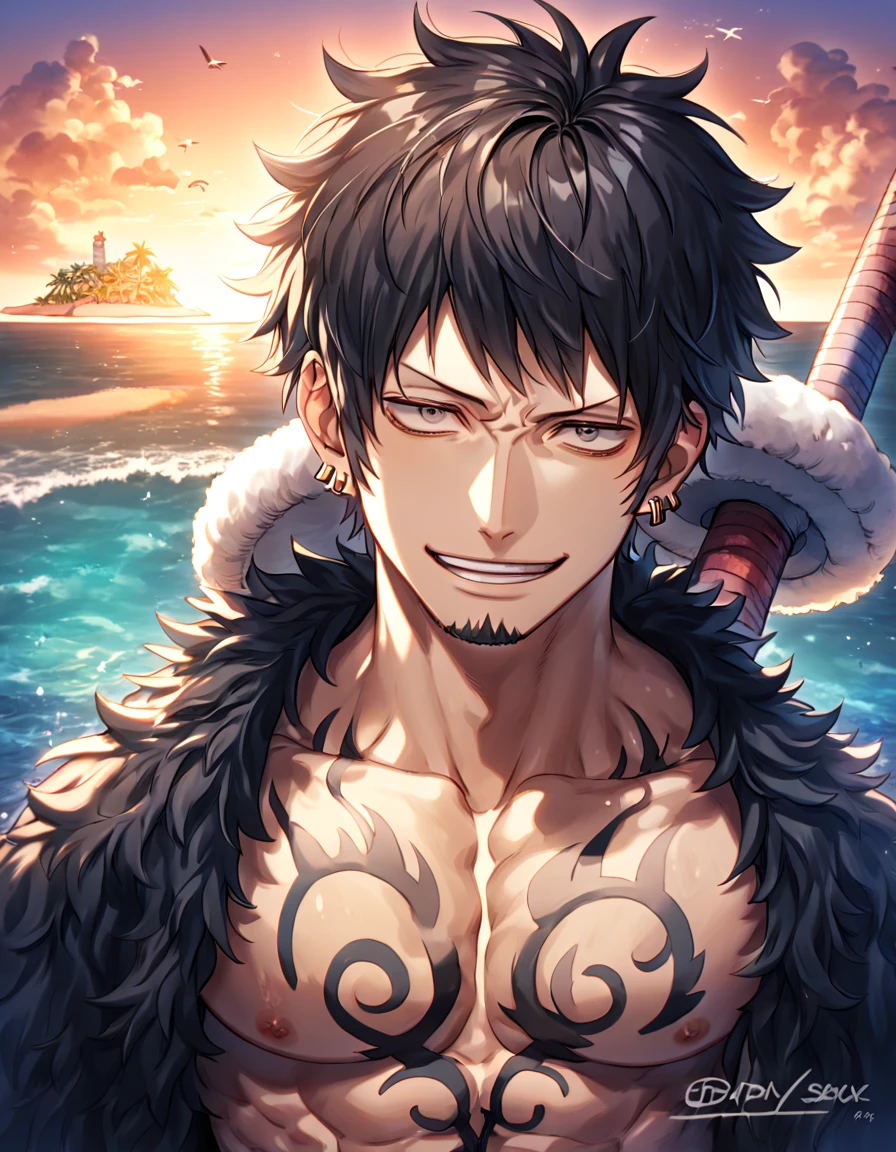 absurdres, highres, ultra detailed, HDR, master piece, best quality, extremely detailed, Trafalgar Law, black hair, expressive gray eyes, One Piece, solo, sexy man, handsome, handsome smile, sensual, manly man, bare chest, horny, island, sea, beach