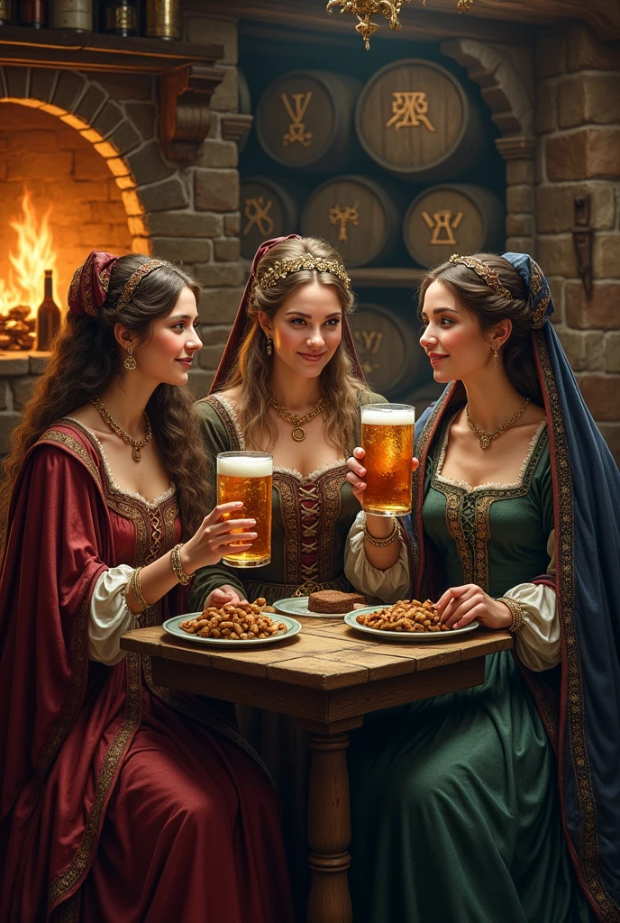 three women in medieval costumes holding beer glasses at a bar, in a Medieval Tavern at night, fantasy tavern near a fireplace, medieval fantasy art, Tavern Pirates, Fantasy tavern background, Fantasy Oil, Alchemy Tavern, Surreal d & D. Fantasy Art, Tim Hildebrandt, Greg Hildebrandt Very detailed, Medieval Tavern, Alchemy Research Institute, Realistic fantasy illustration