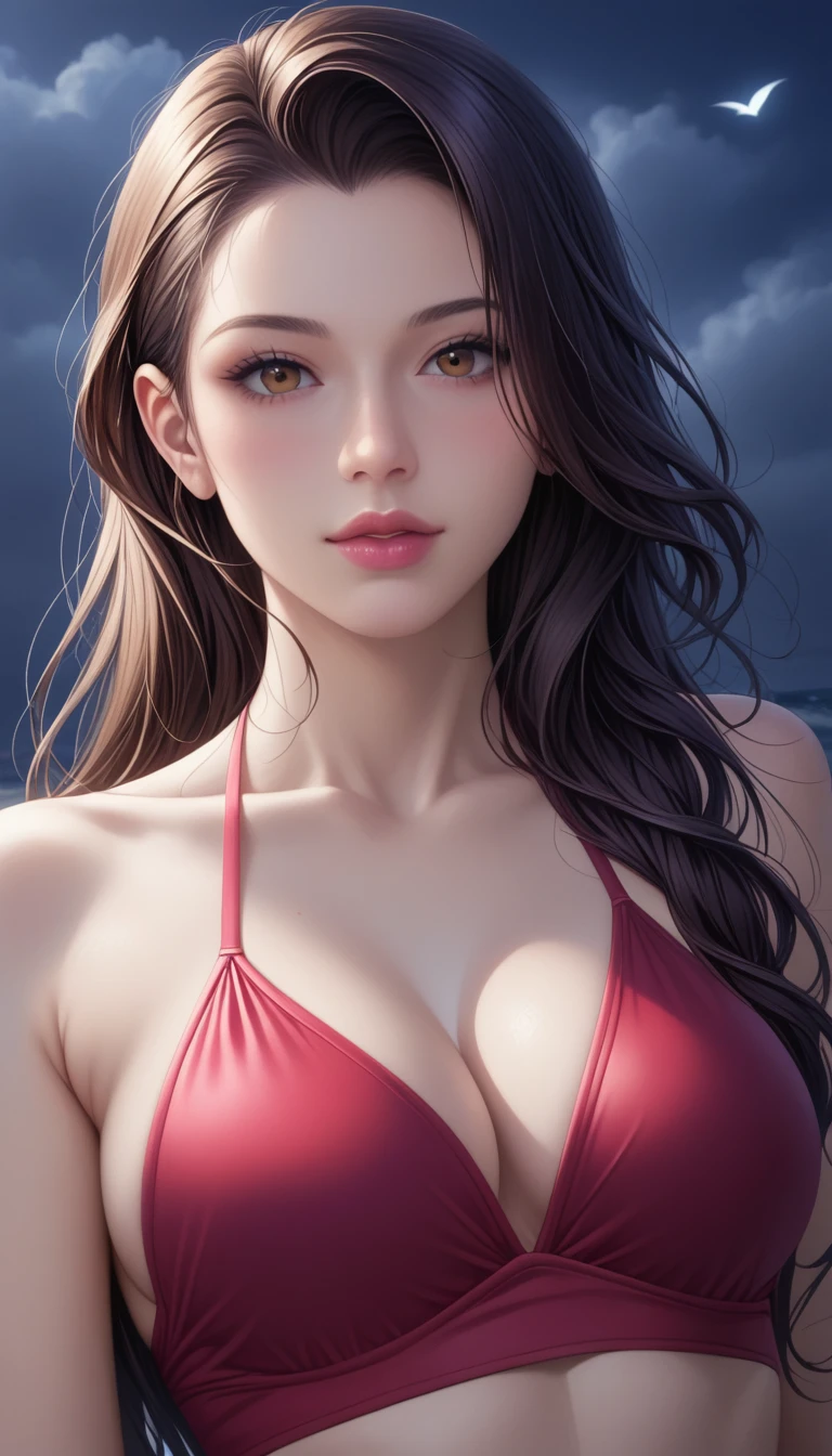 score_9, score_8_superior, score_7_superior, High-resolution CG illustration,A masterpiece in 32K resolution,Highest quality,it is really amazing,Very detailed,Ultra-high resolution,Ultra-realistic,Realistic,Increased depth of field,Cinematic lighting,
Sexy mature Japan woman,
Straight long hair with black hair,Ultra-detailed and beautiful face,Calm and gentle look,Beautiful brown eyes,Translucent white skin,Realistic skin texture,Great proportions,
Elegant red swimsuit,
Simple design,Chic color scheme based on red,Detailed fabric texture,
(Dark overcast sky on a dull night:1.1),(Dark clouds filling the sky:1.1),Thundercloud,Coastline at night,Stormy seas,delay々A desolate sandy beach that continues,
Cinematic Angle,