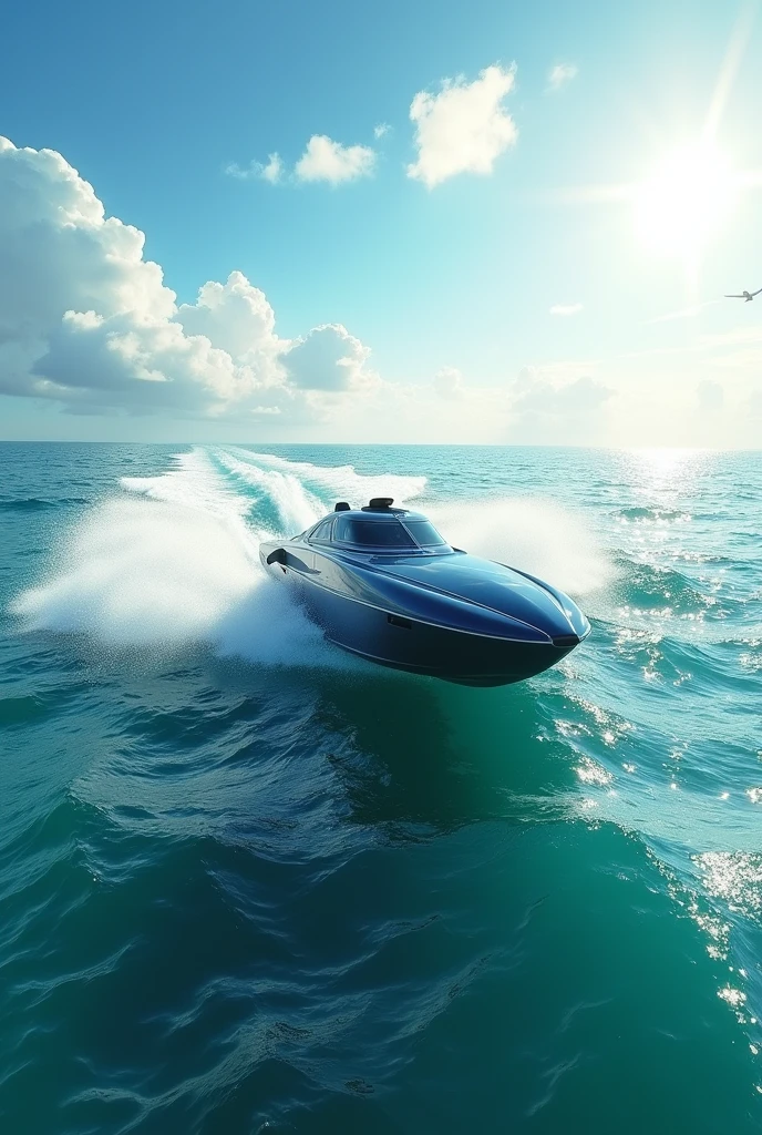 A hydroplane boat racing scene unfolds on the vast ocean, with the sun shining bright through a veil of white clouds. The camera captures the sleek hydroplane boat in mid-race, its propeller churning the turquoise water as it carves through the waves. A small aircraft soars overhead, leaving a contrail in its wake. The vehicle's speed and agility are on full display as it navigates the choppy waters, with foam-capped waves crashing against the hull. The ocean stretches out to the horizon, meeting the sky at a perfect line, with nary a human in sight.