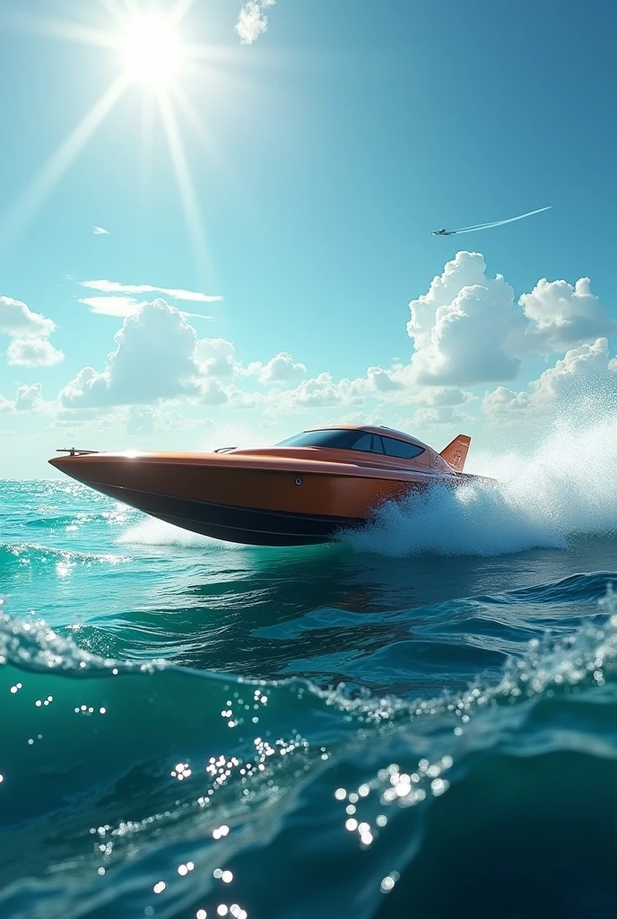 A hydroplane boat racing scene unfolds on the vast ocean, with the sun shining bright through a veil of white clouds. The camera captures the sleek hydroplane boat in mid-race, its propeller churning the turquoise water as it carves through the waves. A small aircraft soars overhead, leaving a contrail in its wake. The vehicle's speed and agility are on full display as it navigates the choppy waters, with foam-capped waves crashing against the hull. The ocean stretches out to the horizon, meeting the sky at a perfect line, with nary a human in sight.