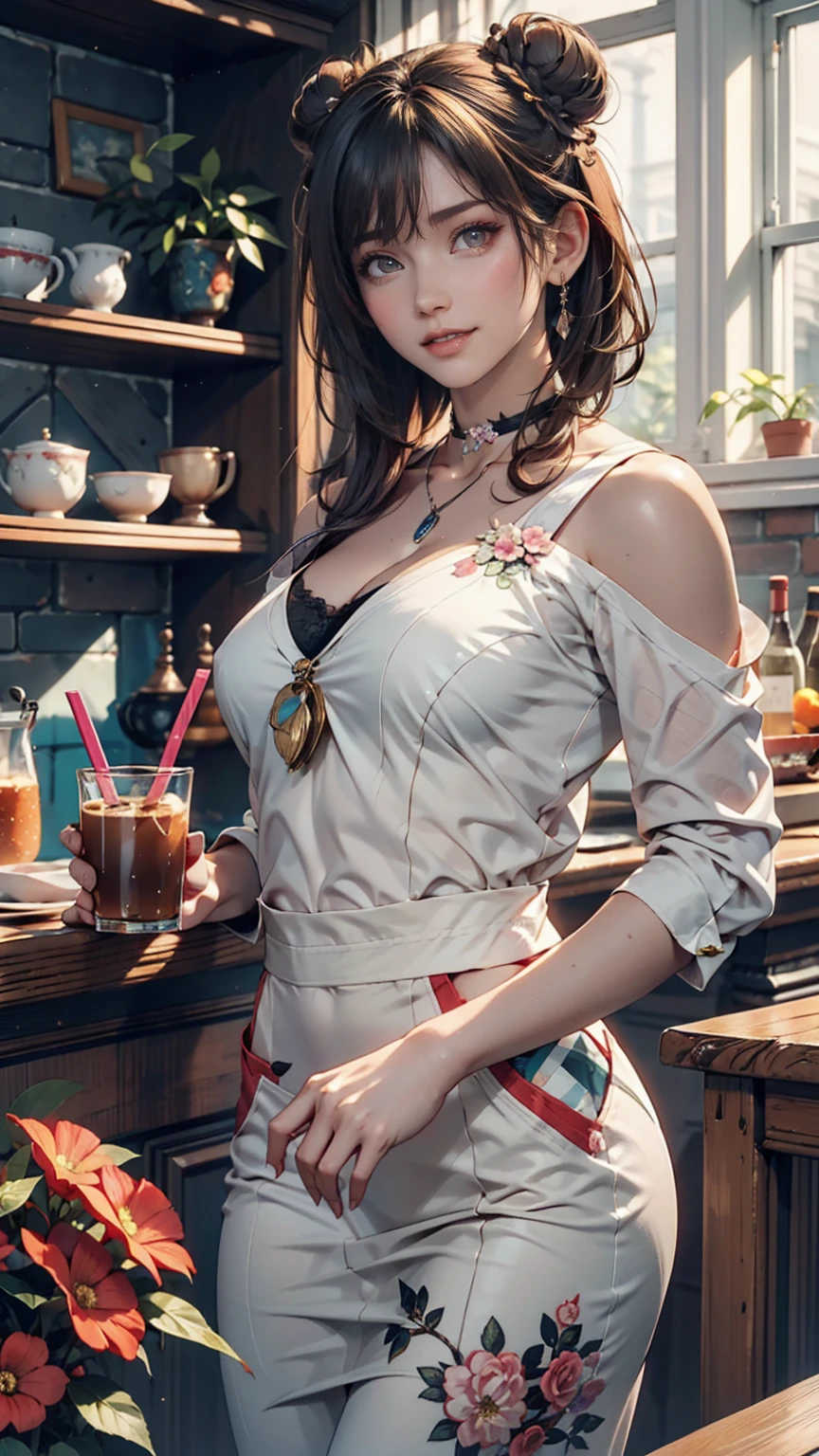 24-year-old woman、Side braids((side braid))、Indigo Hair、Mini summer dress、High heels、Order a Caramel Frappuccino at Starbucks、Drink through a straw、smile
