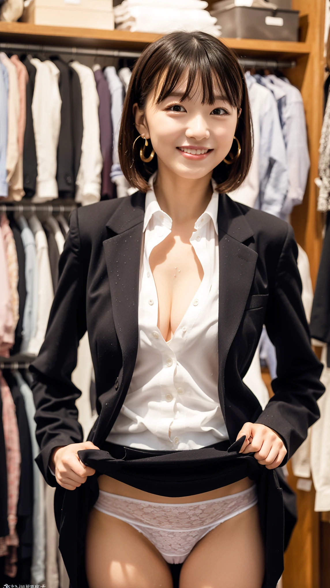 leaning forward:1,bent over,Inside a suit shop,(The skin is wet from sweat),(Wearing a shirt:1.5),Suits lined up,(Put your hands forward),looking at the camera,Cleavage,A big smile,Skirt Lift、Lift your skirt with your hands,woman, 20-year-old, Short Hair、bangs、(Plain suit skirt),(White lace panties)、Cute earrings