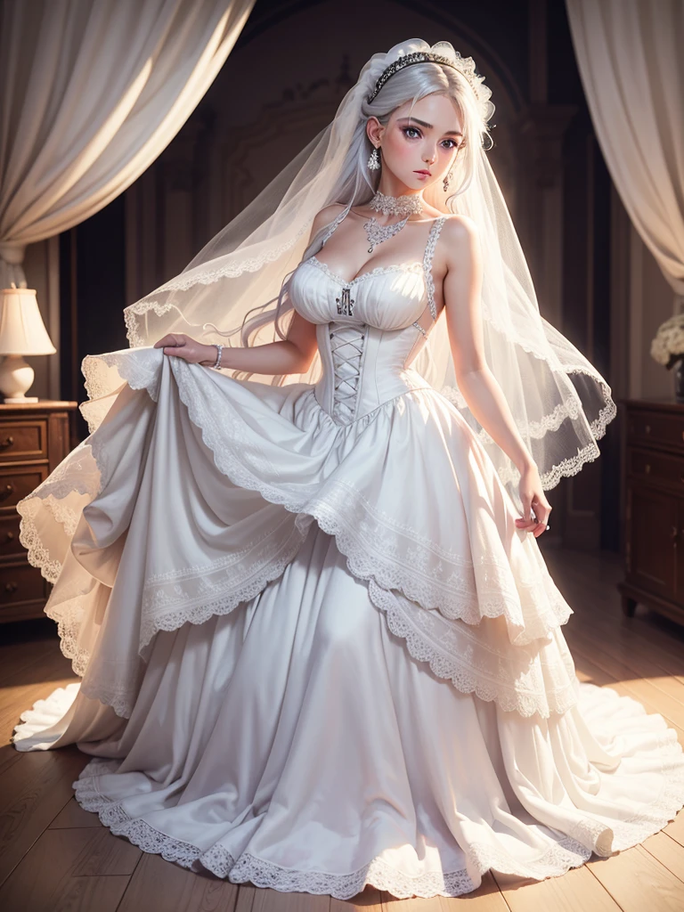  Bride, wedding dress, long dress, beautiful dress, victorian dress, dress with ribbons and bowes, high heels, blushing, teasing, blue eyes, white hair, sleeveless, stockings, earrings, neckless, ring, running, windy, long flowy hair, breasts, 1girl, Solo, High Resolution, masterpiece, lace, dress lift, luxurious bedroom, bed, kneeling