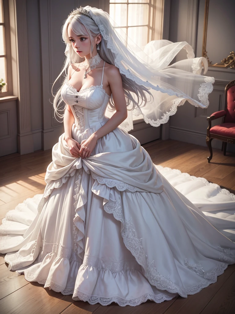 Bride, wedding dress, long dress, beautiful dress, victorian dress, dress with ribbons and bowes, high heels, blushing, teasing, blue eyes, white hair, sleeveless, stockings, earrings, neckless, ring, running, windy, long flowy hair, breasts, 1girl, Solo, High Resolution, masterpiece, lace, dress lift, luxurious bedroom, bed, kneeling