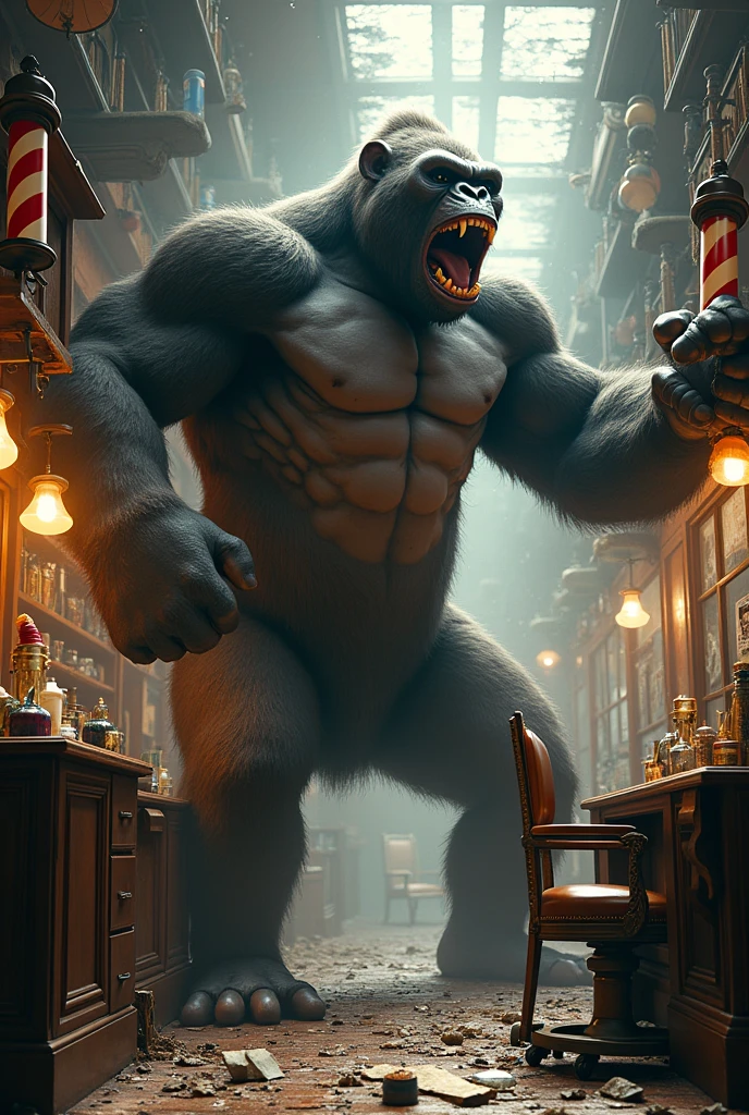 Barber shop sign with a giant gorilla destroying a barbershop, and make it realistic
