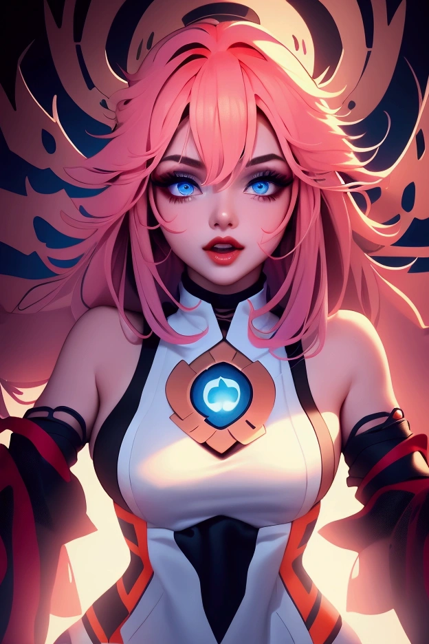 (Canon 50),(Rendered by octane),8k, seducer, symmetrical face, Dramatic cinematic lighting, (very strong blue lighting from behind), (light orange glow on the left side, Dramatic +2, hyper realist, Hi-Tech, Implant Helmet, spirited, very sexy pose. 1womanl, detail on the face, Focus on the face, straight short hair, bangss, hyperrealistic eyes, Integrated circuits exposed on the face, visual sensation of electric current passing through wires through circuits on the face, blue color background, highlight on lips that show fissures, lips with pink lipstick, half-open mouth showing part of the tooth. Black lined eye makeup.  Displaying full body