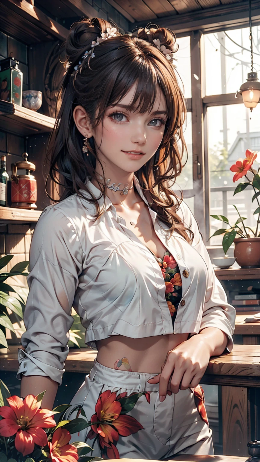 masterpiece,Highest quality,masterpiece,Highest quality,Official Art,Highly detailed CG Unity 8k wallpaper,A slightly retro color,Rice Print Style,figure,cute,One person,Flowers,Window,flower pot,Drink coffee,.race加飾されたサマードレス、choker(race)、Silver Hair、Three-bun updo((triple bun))、smile