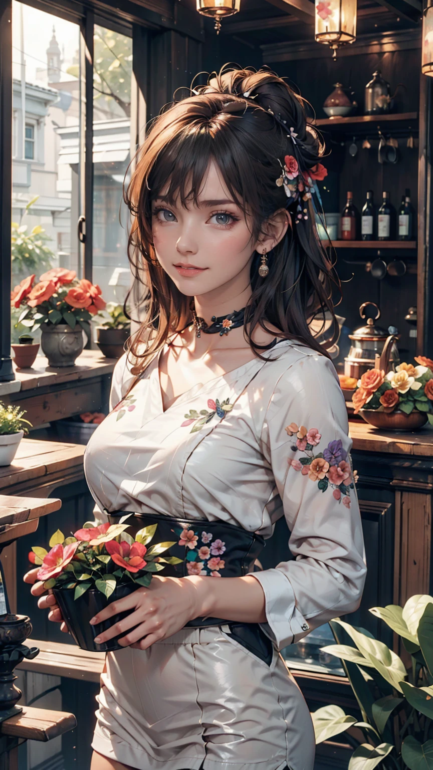 masterpiece,Highest quality,masterpiece,Highest quality,Official Art,Highly detailed CG Unity 8k wallpaper,A slightly retro color,Rice Print Style,figure,cute,One person,Flowers,Window,flower pot,Drink coffee,.race加飾されたサマードレス、choker(race)、Silver Hair、Three-bun updo((triple bun))、smile