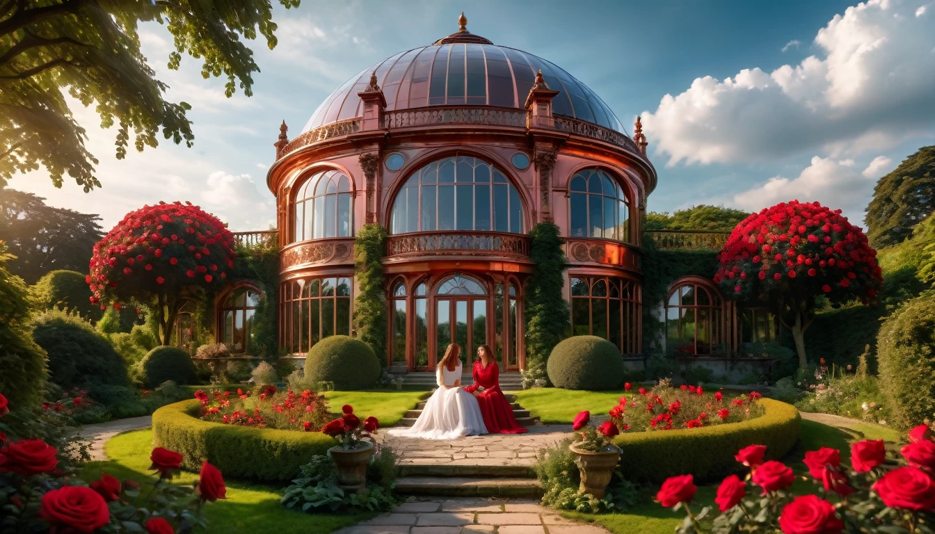 photo of a palace with a garden and red roses in front of it, inspired by beautiful large copper and glass dome house, detailed photo 4 k, inspired by beautiful art uhd 4 k, old English countryside exterior, beautiful digital artwork, ornately detailed, by Arthur Pan, rich picturesque colors, 2 Beautiful women sitting in the garden, one blonde and one brunette,