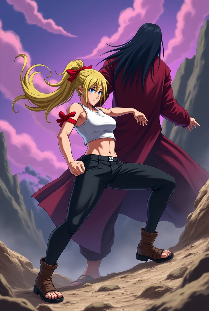 A woman with a defined physique,long yellow hair tied with a red ribbon,blue eyes,white cropped sleeveless t-shirt,a red ribbon on one of her arms near her shoulder,black pants stuck to his legs,Brown boots,fighting Madara Uchiha in a rocky area with the sky in negative purple(anime style)