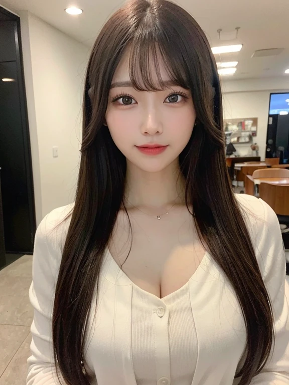(masterpiece:1.3), (8k, Realistic, RAW Photos, Best image quality: 1.4), 、(Random Hairstyles:1.2)、Highly detailed face、Attention to detail、double eyelid、Sharp focus:1.2、Beautiful woman:1.4、Light brown hair、Highest quality、masterpiece、Ultra-high resolution、(Realistic:1.4)、Highly detailed and professional lighting、Brown Knight、thin、A sparkling smile、Long black hair、Deadly position、Beautiful Skin、Random Pause、Shiny Hair、Natural pose、During meals