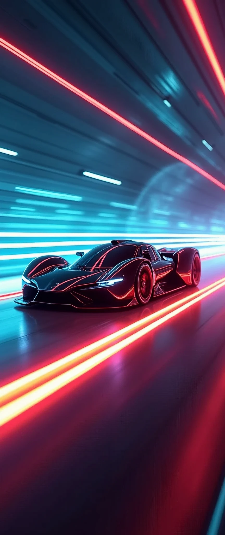 (masterpiece:1.2,Highest quality,Ultra-high resolution,Very detailed,Realistic,RAW Photos:1.2,Elaborate photos),8k,wallpaper,(Ray Tracing),(Future City:2.0),sf,cyber punk,(A sleek and beautiful car of the future:2.0),(Dynamic Angles),night,(Lane drawn with rainbow colored lights:2.0),(speeding through a future tunnel:2.0),(Motion Blur)