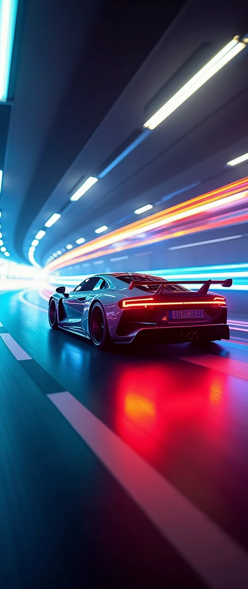 (masterpiece:1.2,Highest quality,Ultra-high resolution,Very detailed,Realistic,RAW Photos:1.2,Elaborate photos),8k,wallpaper,(Ray Tracing),(Future City:2.0),sf,cyber punk,(A sleek and beautiful car of the future:2.0),(Dynamic Angles),night,(Lane drawn with rainbow colored lights:2.0),(speeding through a future tunnel:2.0),(Motion Blur)