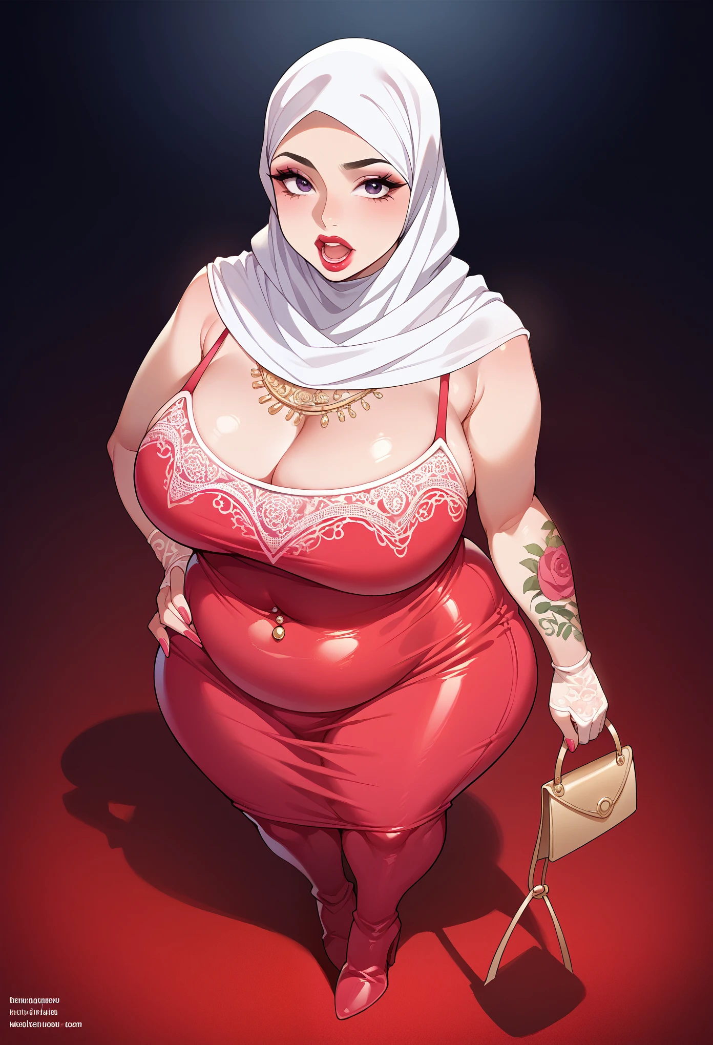 An arabic  woman, milf, with big natural breasts, big rounded ass, wide  mouth, wear silk hijab, shiny pink mini dress, 7 inch high heel boots, collar jewelry, lace gloves, make-up, lipstick, polished nails, belly piercing، body tattoos, standing in front of a night club, in red carpet, a mice car in the background, holding a luxury shiny purse in her hand, bjg cleavage, shot from above, dramatic lighting, rin light coming from top, sexy scene.