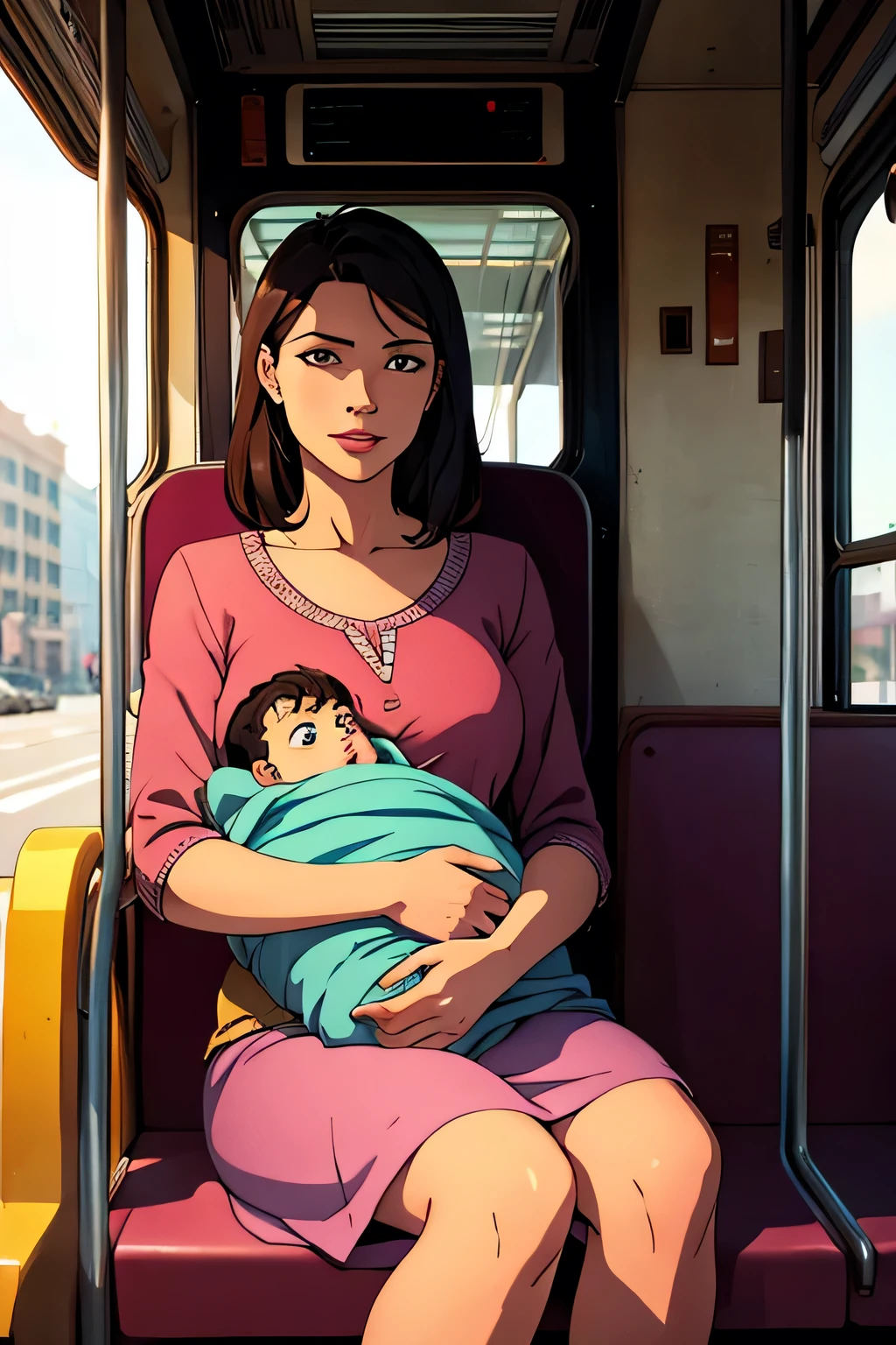 a beautiful lady sitting in a bus holding her baby