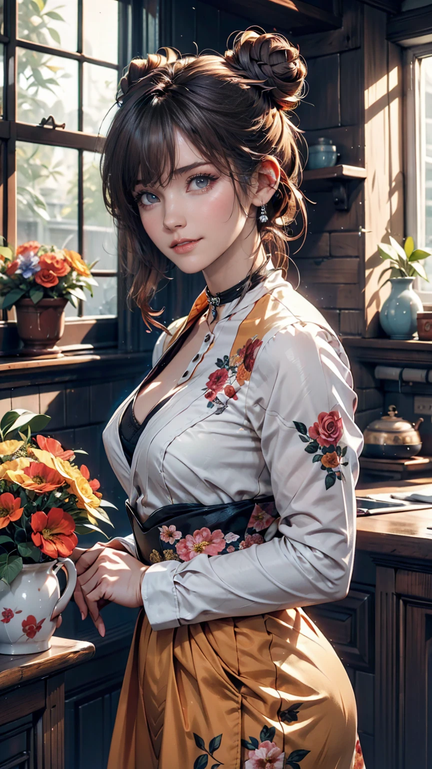 masterpiece,Highest quality,masterpiece,Highest quality,Official Art,Highly detailed CG Unity 8k wallpaper,A slightly retro color,Rice Print Style,figure,cute,One person,Flowers,Window,flower pot,Drink coffee,.race加飾されたサマードレス、choker(race)、Silver Hair、Three-bun updo((triple bun))、smile