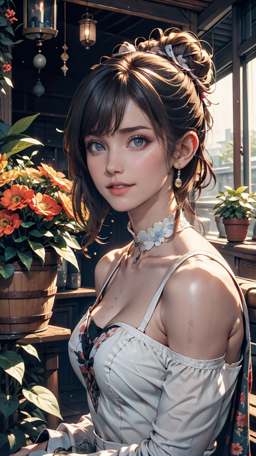 masterpiece,Highest quality,masterpiece,Highest quality,Official Art,Highly detailed CG Unity 8k wallpaper,A slightly retro color,Rice Print Style,figure,cute,One person,Flowers,Window,flower pot,Drink coffee,.race加飾されたサマードレス、choker(race)、Silver Hair、Three-bun updo((triple bun))、smile