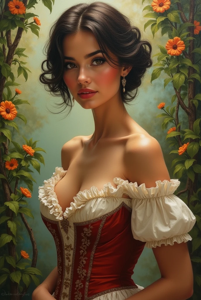 Oil painting of a Beautiful latina woman perfect body short brunette hair, dressed in elegant victorian era 19th century American colorful conservative formal studio lighting, beautiful outdoor paradise background