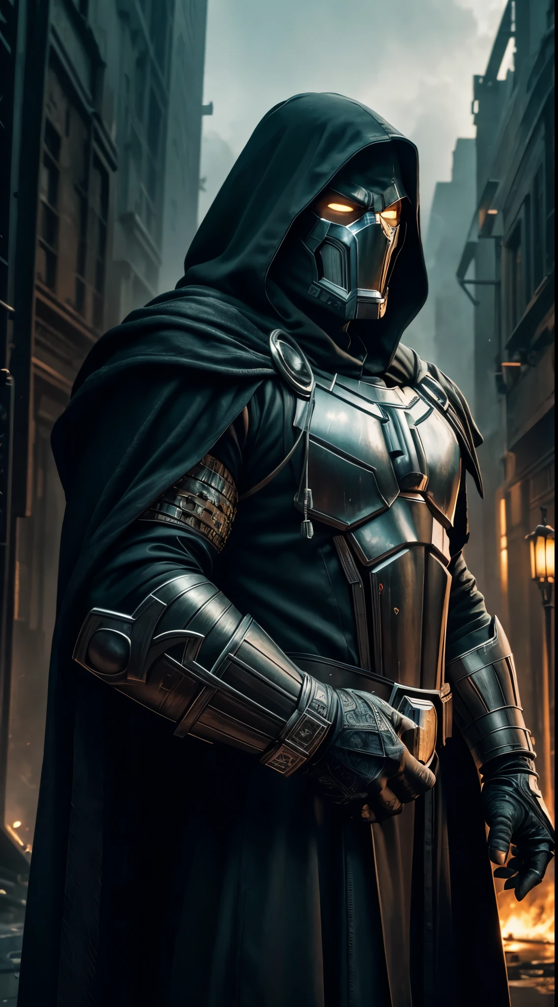 Doctor Doom Marvel, 35mm lens, photography, ultra-detailed, HDR, UHD, 8K, portraits, dark atmosphere, menacing expression, iconic metal mask, intricate armor, dynamic pose, ruined cityscape background, dramatic lighting, intense shadows, vibrant colors