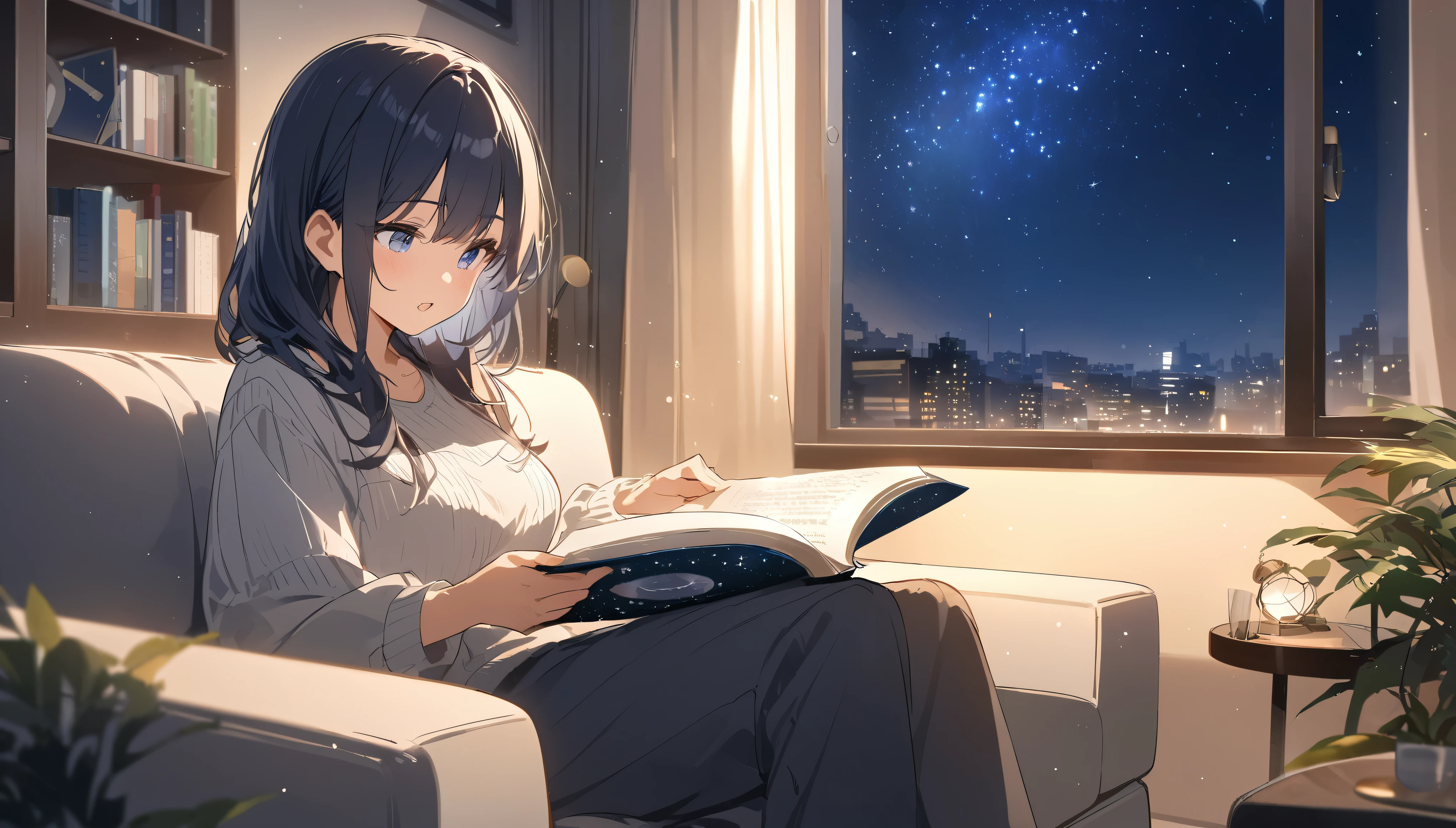 Girl sitting on sofa reading a book,In front of a large window,Night starry sky,Streetscape、listen to music、
