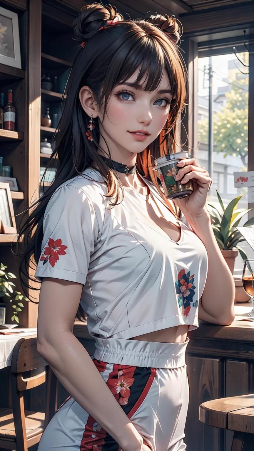 masterpiece,Highest quality,masterpiece,Highest quality,Official Art,Highly detailed CG Unity 8k wallpaper,A slightly retro color,Rice Print Style,figure,cute,One person,Flowers,Window,flower pot,Drink coffee,.race加飾されたサマードレス、choker(race)、Silver Hair、Three-bun updo((triple bun))、smile