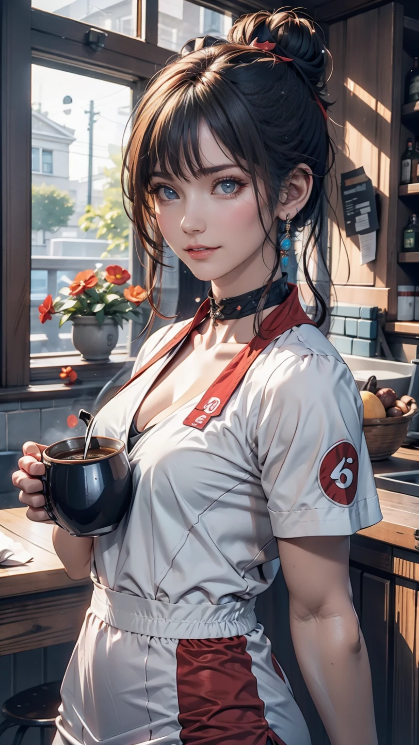 masterpiece,Highest quality,masterpiece,Highest quality,Official Art,Highly detailed CG Unity 8k wallpaper,A slightly retro color,Rice Print Style,figure,cute,One person,Flowers,Window,flower pot,Drink coffee,.race加飾されたサマードレス、choker(race)、Silver Hair、Three-bun updo((triple bun))、smile