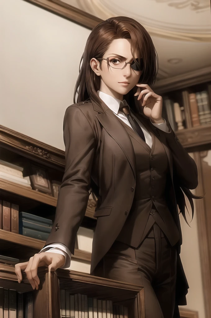 portrait of beautiful HangeAOT, 1girl, solo, brown_hair, glasses, eyepatch, Perfect brown silk suit , Masterpiece ,Background of a large library , realistic hands , Detailed realistic painting, hd, Brown and chestnut colors , White silk shirt, black tie, Perfect detailed body 