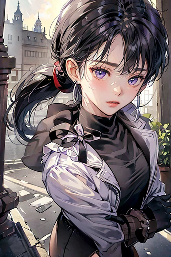 Anime Art、Hong Kong City Streets and Roads、Full body portrait、Modern street killer、Moonlit Ruins、Slim woman, height: about. 155cm, Around , Wearing a black mini dress, Bare hands、Black over-the-knee socks、Ponytail Hairstyles、The eyes are covered by the bangs、Black Hair, a vague look、Purple eyes、gloves、stockings、boots、She has silver earrings.,Gaze, Small breasts