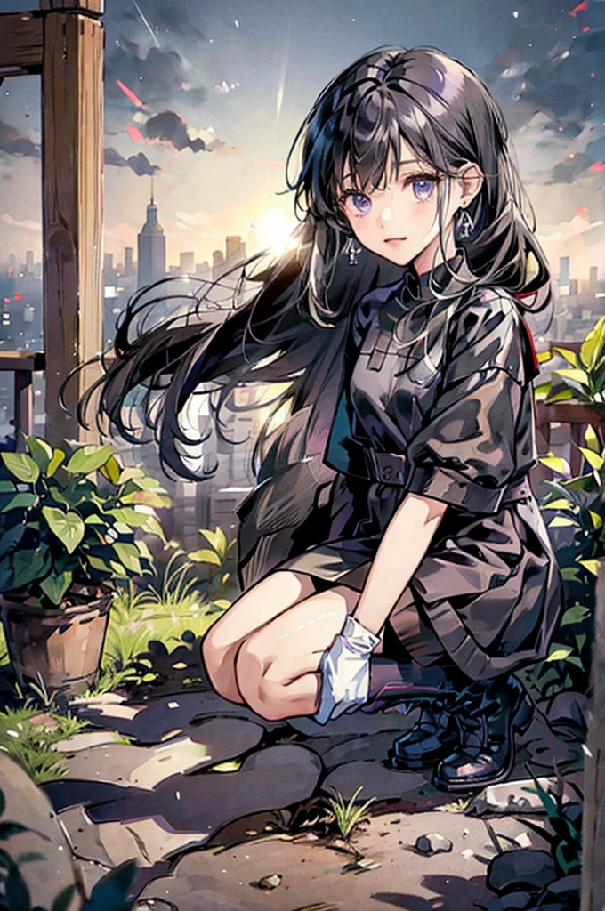 Anime Art、Hong Kong City Streets and Roads、Full body portrait、Modern street killer、Moonlit Ruins、Slim woman, height: about. 155cm, Around , Wearing a black mini dress, Bare hands、Black over-the-knee socks、Ponytail Hairstyles、The eyes are covered by the bangs、Black Hair, a vague look、Purple eyes、gloves、stockings、boots、She has silver earrings.,Gaze, Small breasts