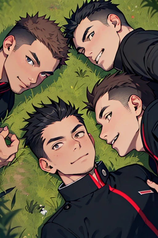 3 guys, by 2 person, Iris, Point pupils, Black Hair、Brown Hair, Black Hair、short hair, gakuran, Black jacket,Red Shirt、Black Belt, Black trousers, bad、Riverbank、On the grass、Two people smiling side by side、Lie down,　Upper Body　View from above。