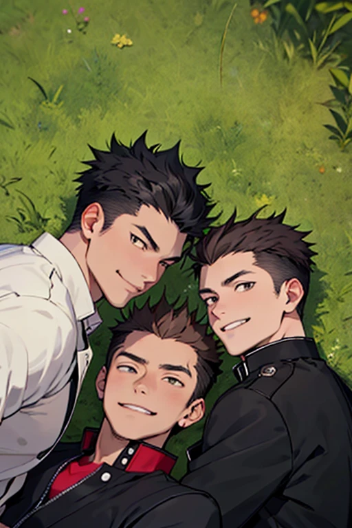 3 guys, by 2 person, Iris, Point pupils, Black Hair、Brown Hair, Black Hair、short hair, gakuran, Black jacket,Red Shirt、Black Belt, Black trousers, bad、Riverbank、On the grass、Two people smiling side by side、Lie down,　Upper Body　View from above。