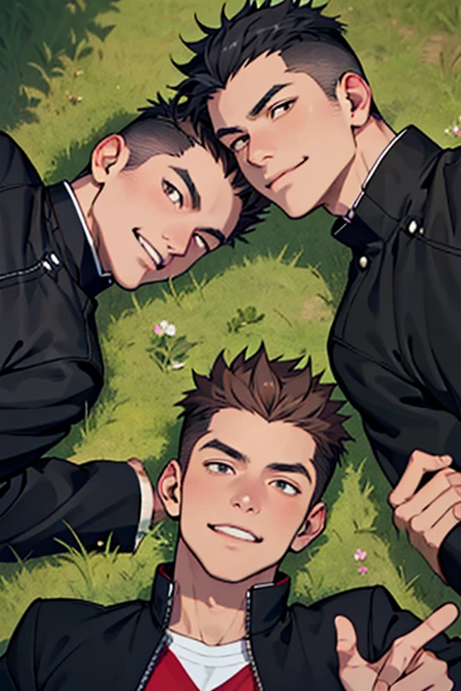 3 guys, by 2 person, Iris, Point pupils, Black Hair、Brown Hair, Black Hair、short hair, gakuran, Black jacket,Red Shirt、Black Belt, Black trousers, bad、Riverbank、On the grass、Two people smiling side by side、Lie down,　Upper Body　View from above。