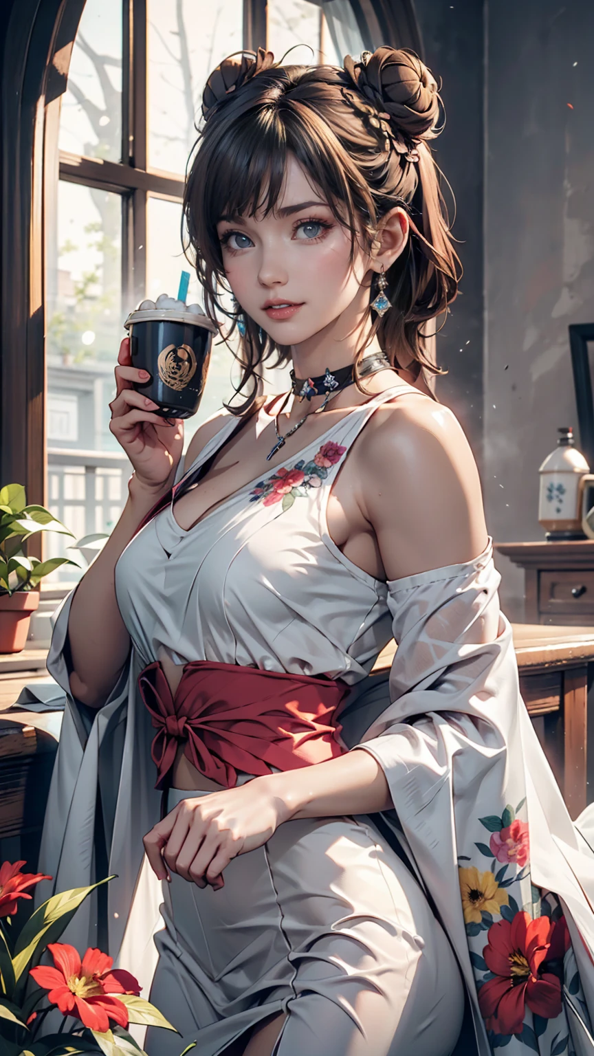 masterpiece,Highest quality,masterpiece,Highest quality,Official Art,Highly detailed CG Unity 8k wallpaper,A slightly retro color,Rice Print Style,figure,cute,One person,Flowers,Window,flower pot,Drink coffee,.race加飾されたサマードレス、choker(race)、Silver Hair、Three-bun updo((triple bun))、smile