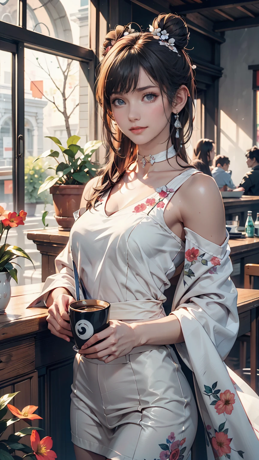 masterpiece,Highest quality,masterpiece,Highest quality,Official Art,Highly detailed CG Unity 8k wallpaper,A slightly retro color,Rice Print Style,figure,cute,One person,Flowers,Window,flower pot,Drink coffee,.race加飾されたサマードレス、choker(race)、Silver Hair、Three-bun updo((triple bun))、smile