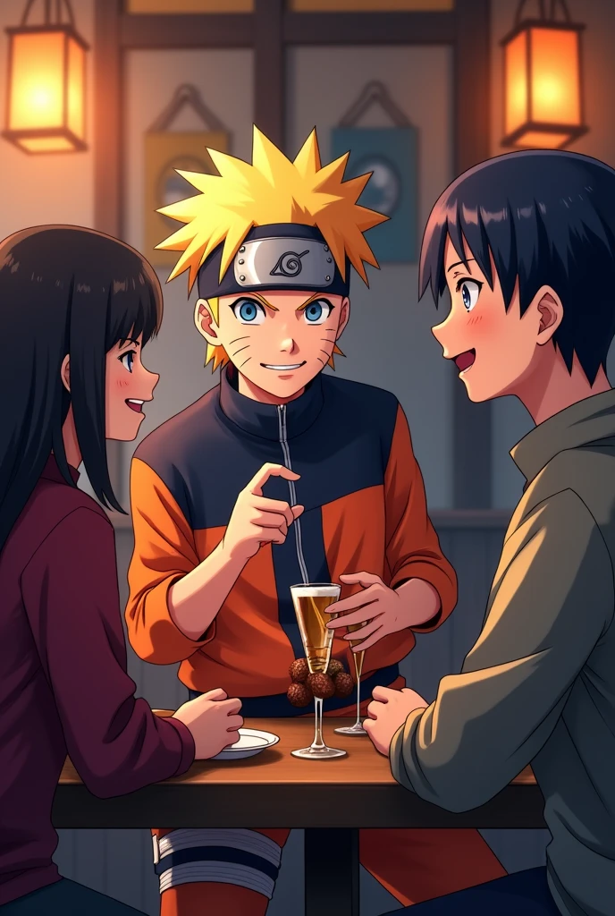 Create an anime image of Naruto drinking with his friends in bar 